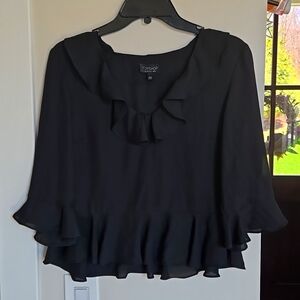 TOPSHOP Black Bell Sleeve Blouse Size US 6 Ruffled Kneckline